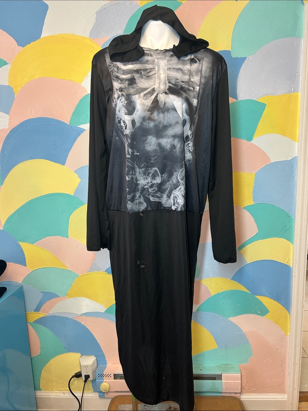 Black Hooded Skeleton Print Maxi Dress women’s sz L